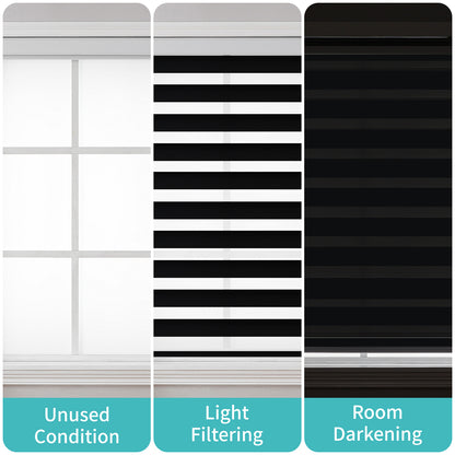 Free-Stop Zebra Blinds: Comparison of unused, light filtering, and room darkening settings on a window.