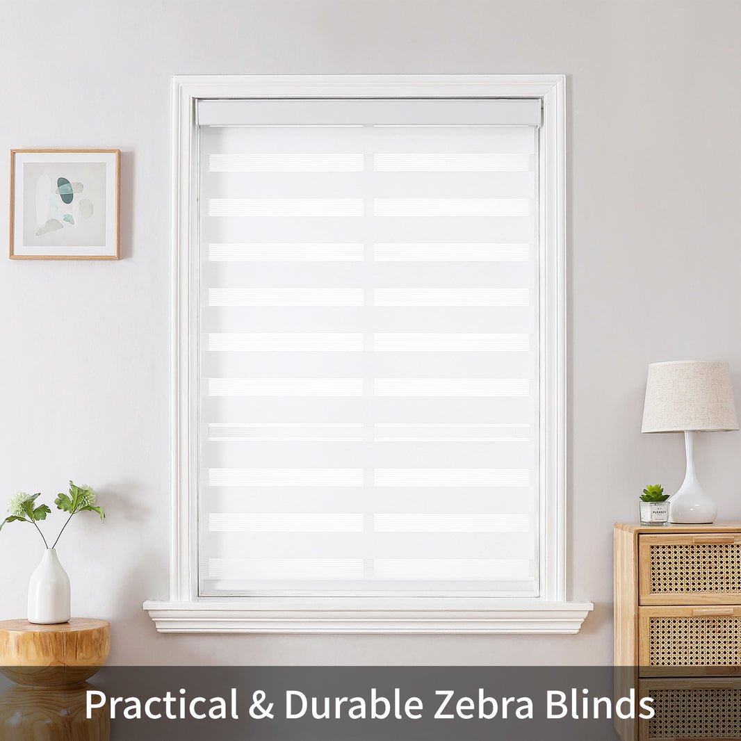 White zebra blinds in window, adjustable light filtering with sheer and opaque bands.