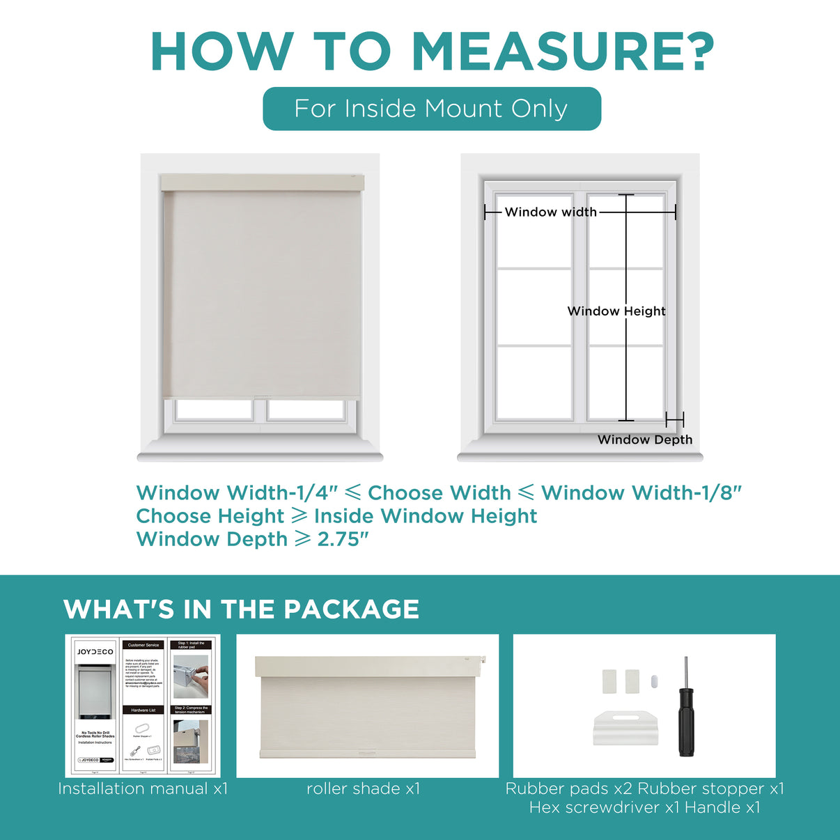 Diagram for Joydeco cordless roller shade inside mount: shows window measurements and package contents for installation.