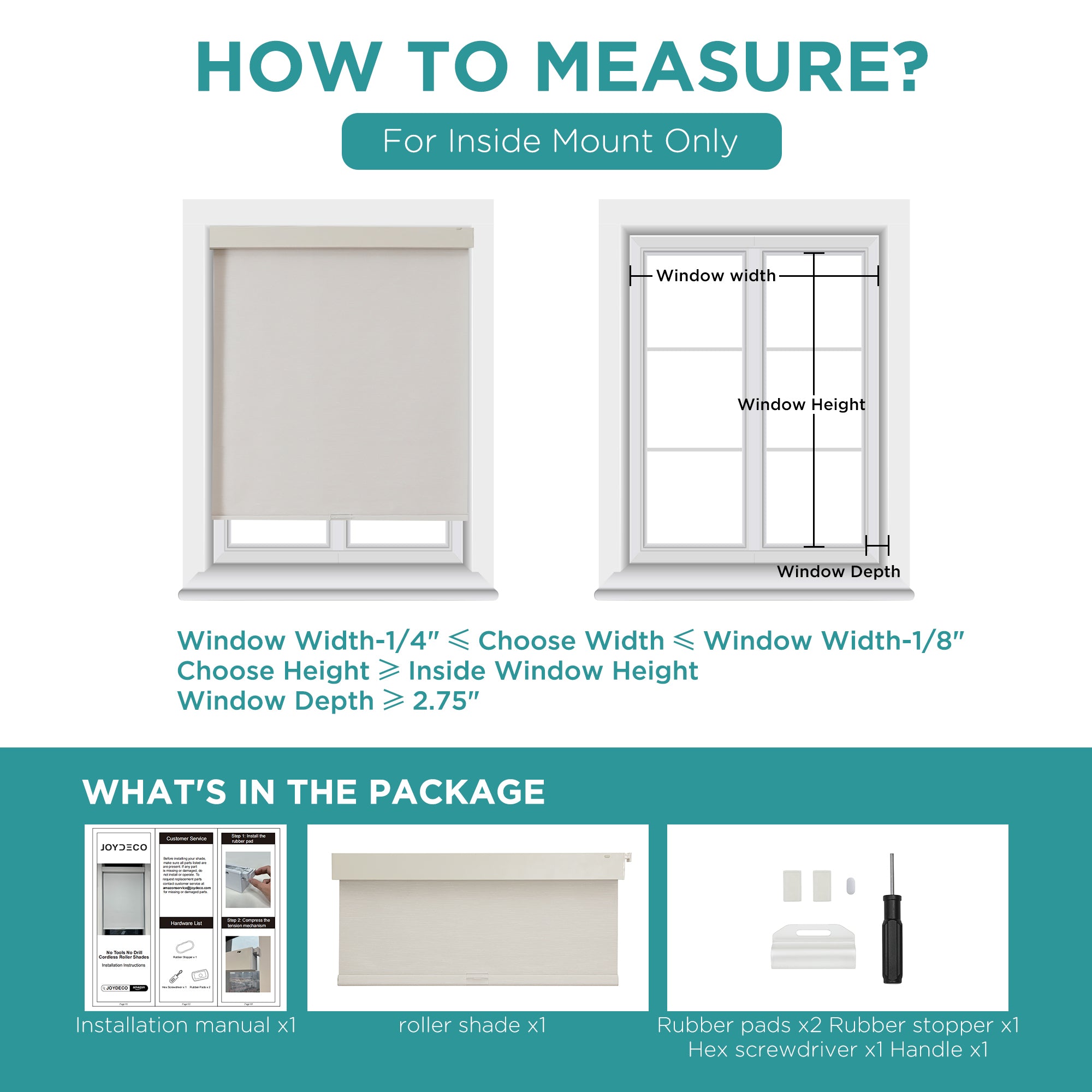 Diagram for Joydeco cordless roller shade inside mount: shows window measurements and package contents for installation.