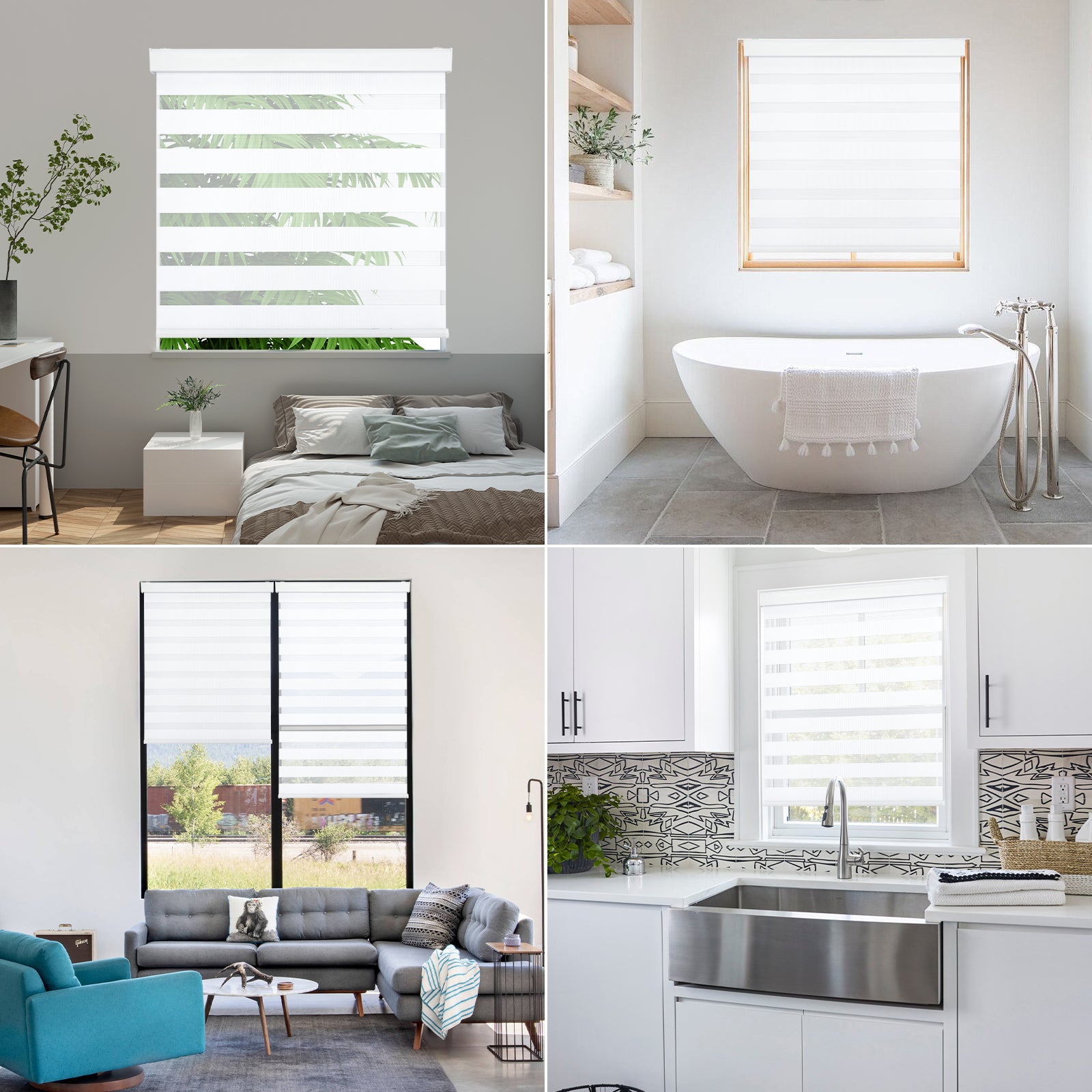 White cordless zebra blinds in bedroom, bathroom, living room & kitchen. Alternating bands adjust light and privacy.