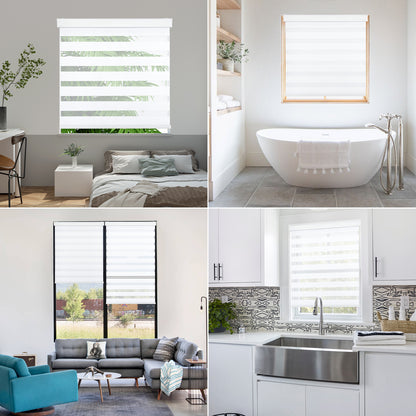 White cordless zebra blinds in bedroom, bathroom, living room & kitchen. Alternating bands adjust light and privacy.