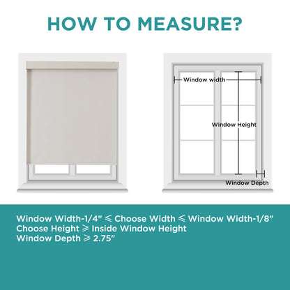 Infographic: How to measure windows for Joydeco cordless roller shades, showing width, height, and depth measurements.