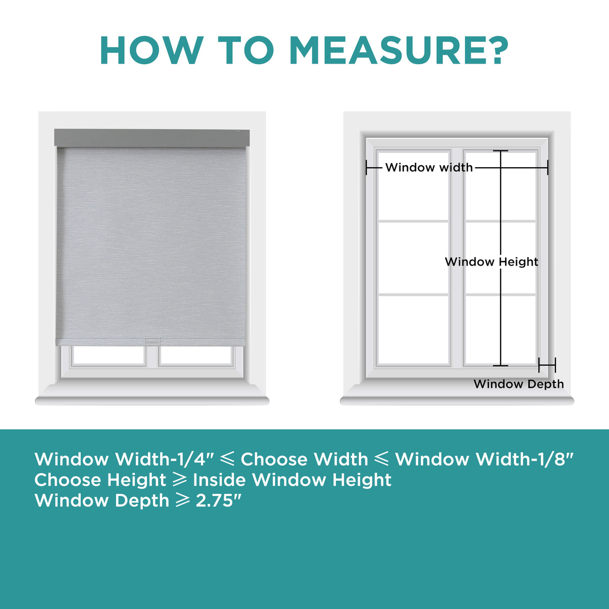 Infographic: How to measure windows for Joydeco cordless roller shades, showing width, height, and depth.