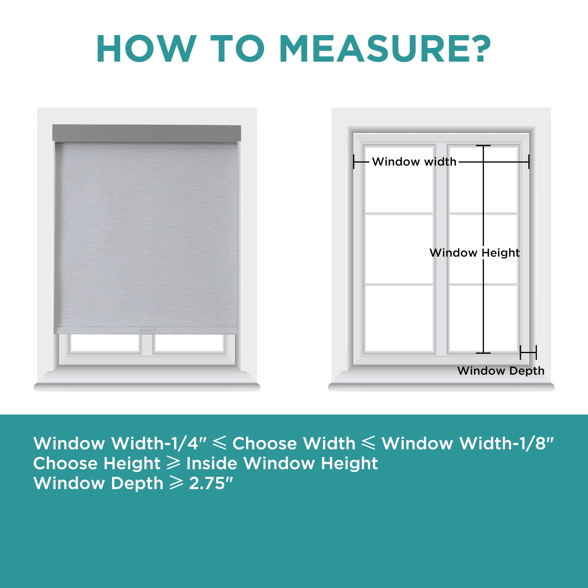 Infographic: How to measure windows for Joydeco cordless roller shades, showing width, height, and depth.