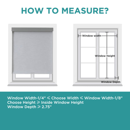 Infographic: How to measure windows for Joydeco cordless roller shades, showing width, height, and depth.