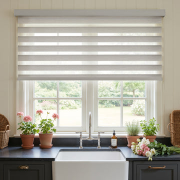 Linen-look zebra shade in white, custom window treatment with light-filtering sheer bands