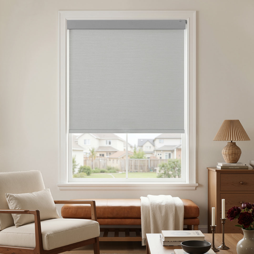 Grey Ashby No-Drill Blackout Roller Shade with textured plain weave fabric.