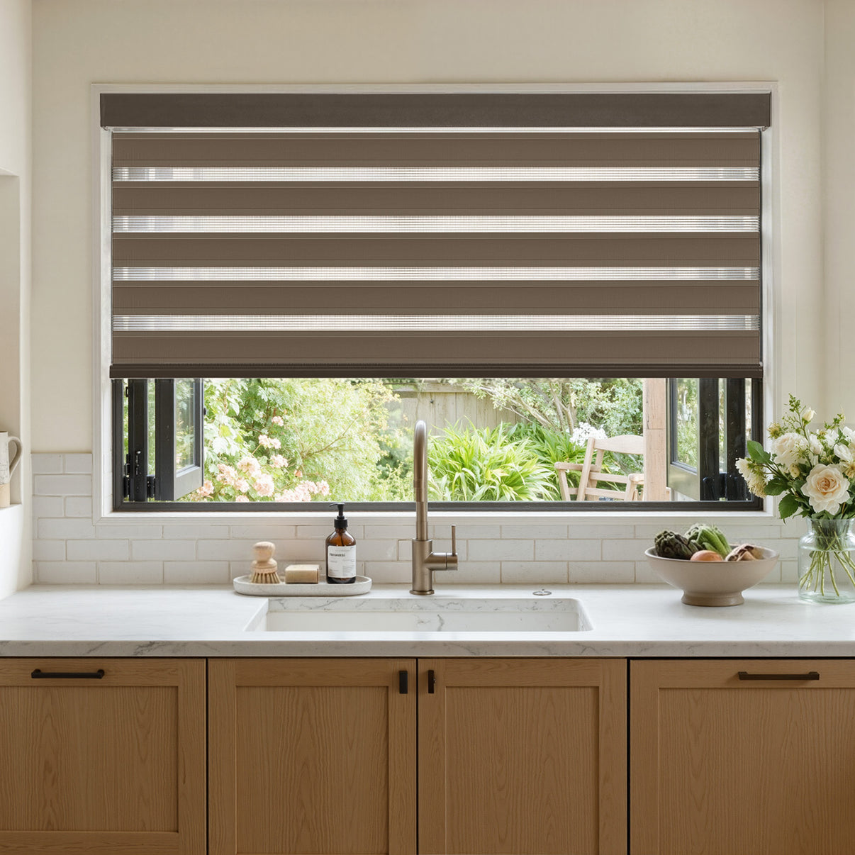 Marlow light filtering zebra shade with brown/white sheer & solid bands, modern kitchen.