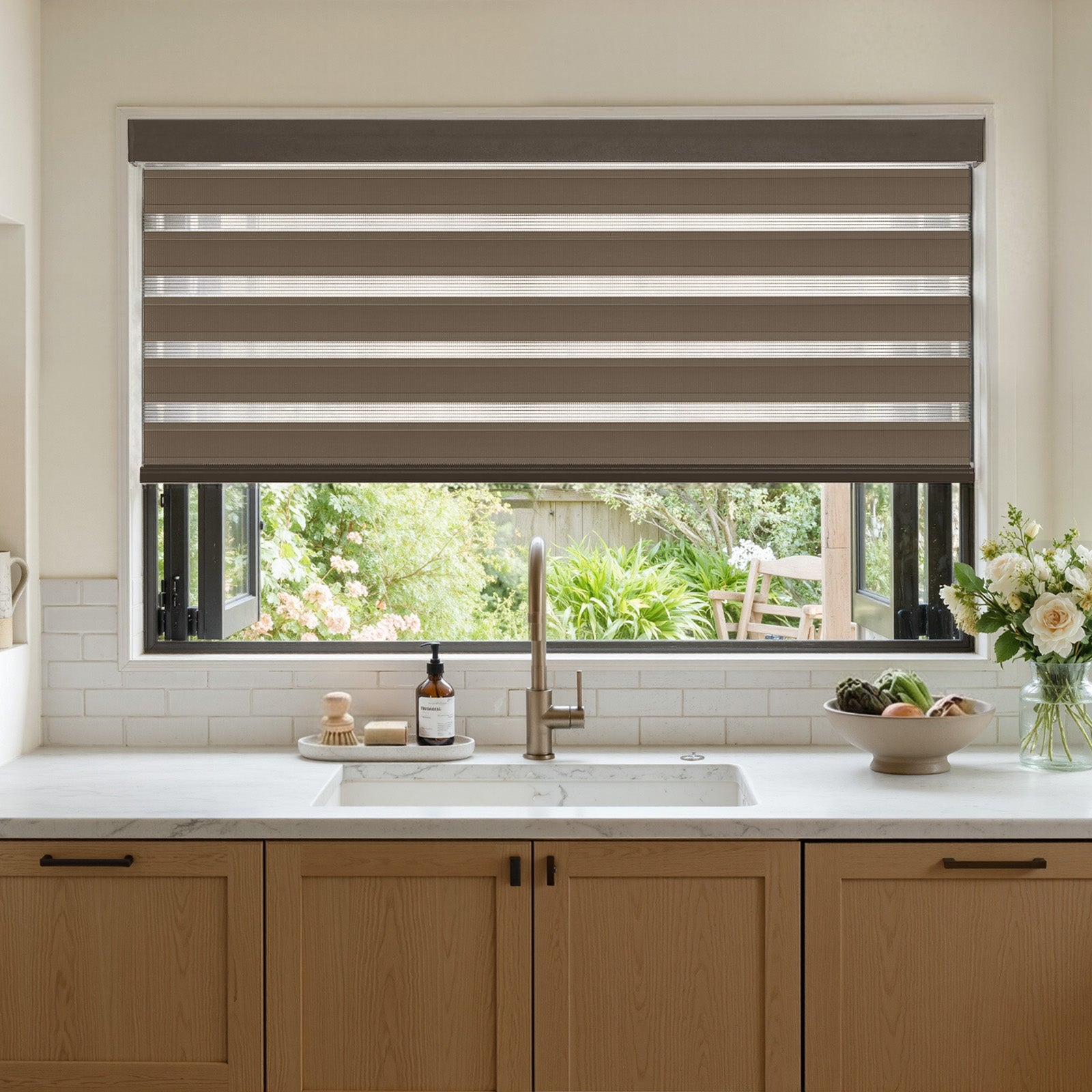 Marlow light filtering zebra shade with brown/white sheer & solid bands, modern kitchen.