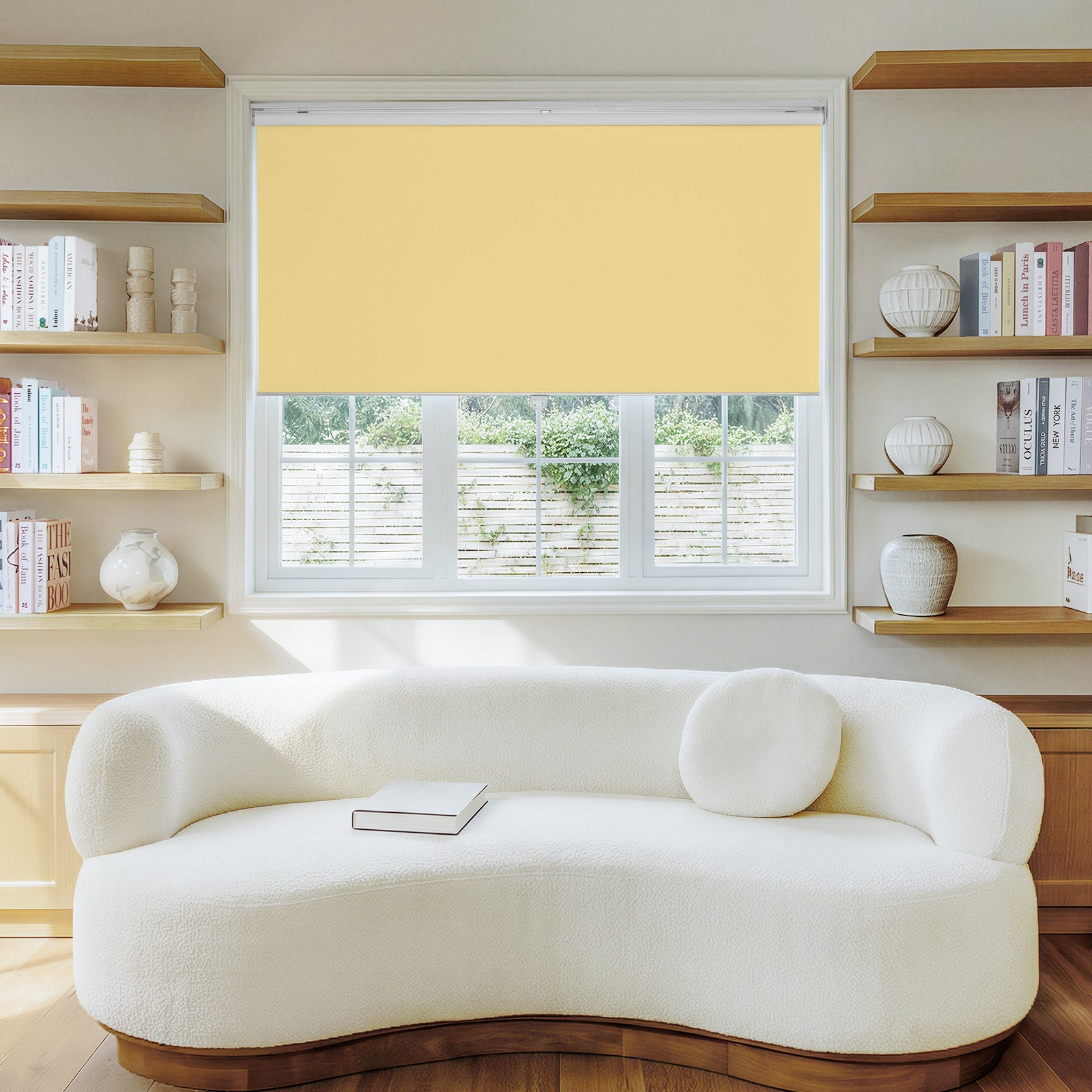 Joydeco Sutton pastel yellow custom blackout roller shade, made to measure.