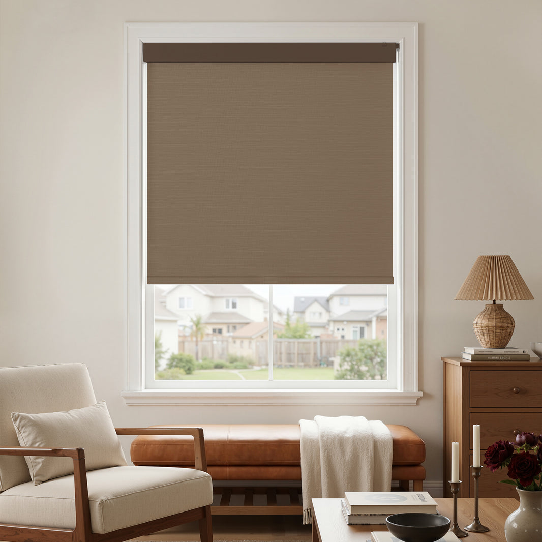 Brown no-drill blackout roller shade, 100% blackout fabric for custom window treatments