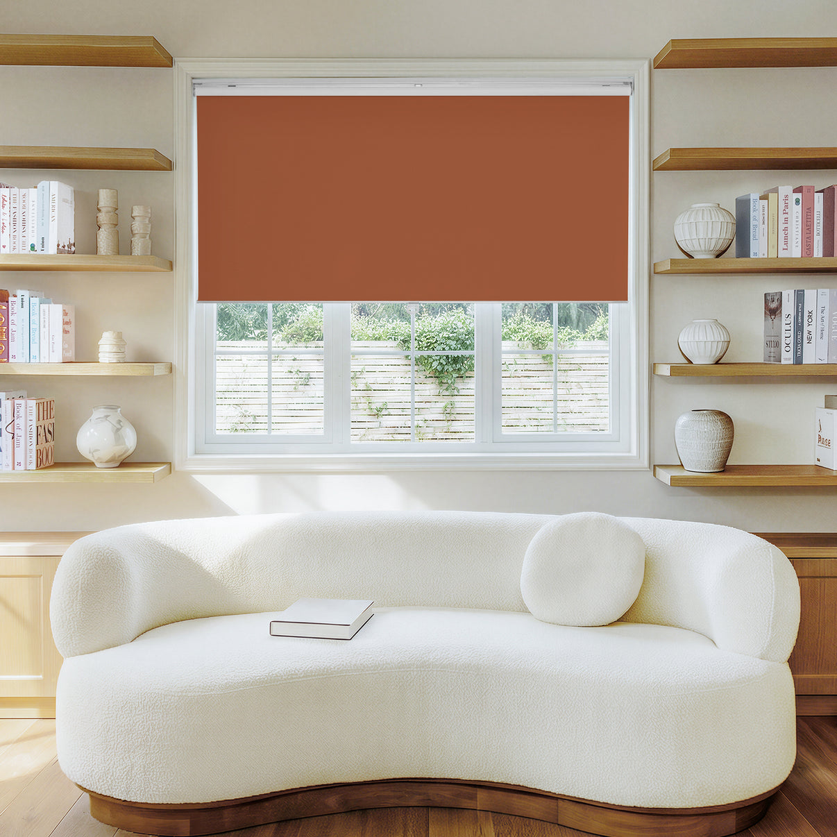 Sutton custom blackout roller shade in terracotta, 100% blackout fabric for perfect light control.