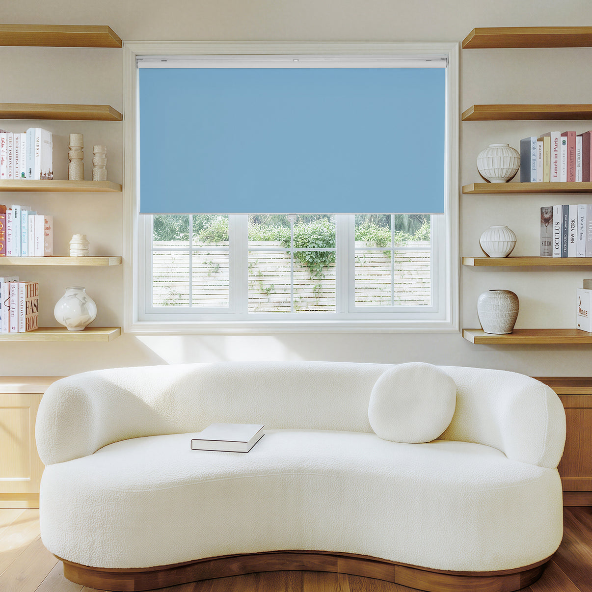 Joydeco Sutton custom light blue blackout roller shade for window treatments.