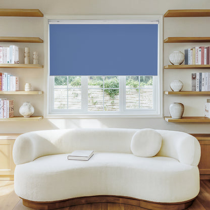 Joydeco Sutton custom blue blackout roller shade for modern window treatments.