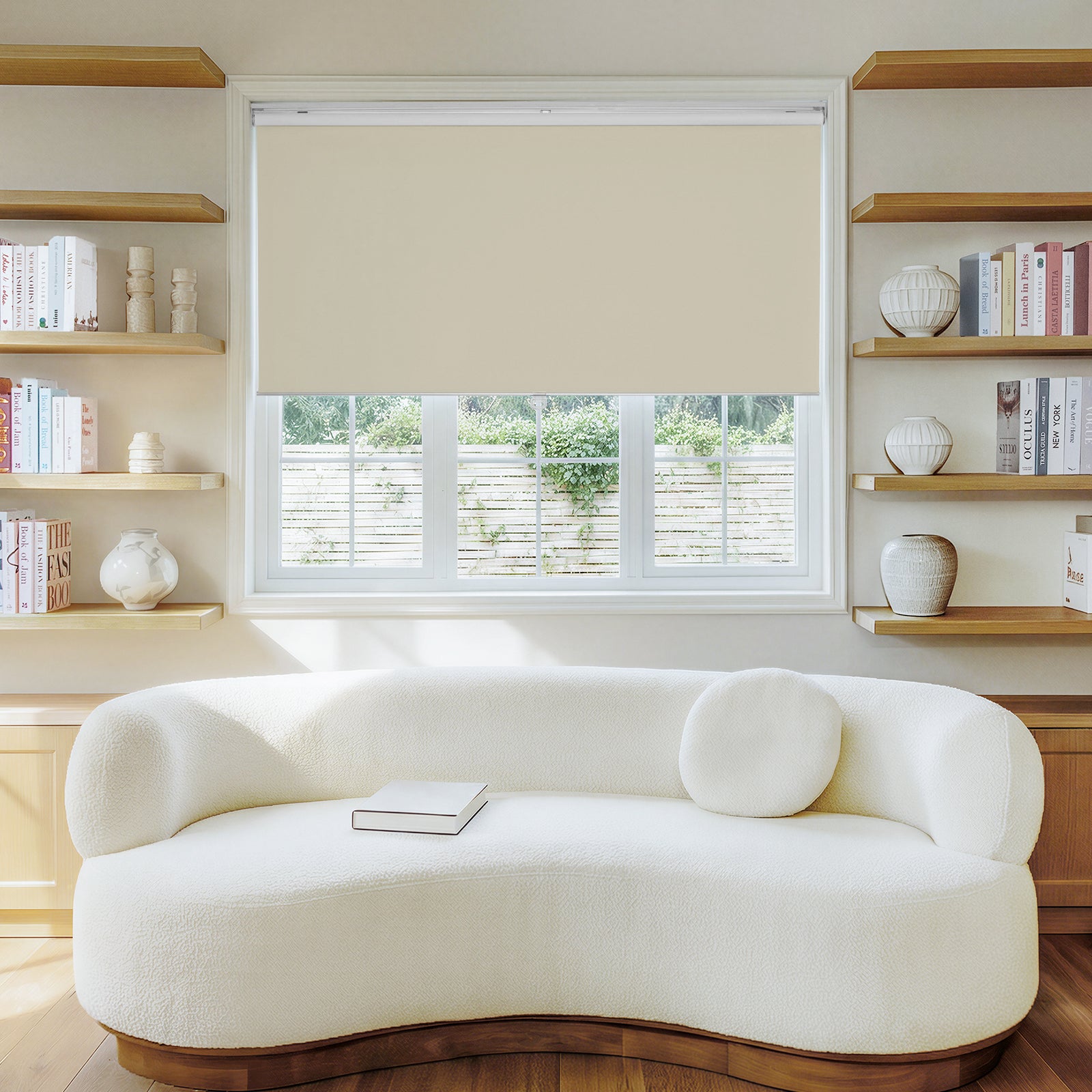 Sutton custom beige blackout roller shade, plain weave, 100% blackout.