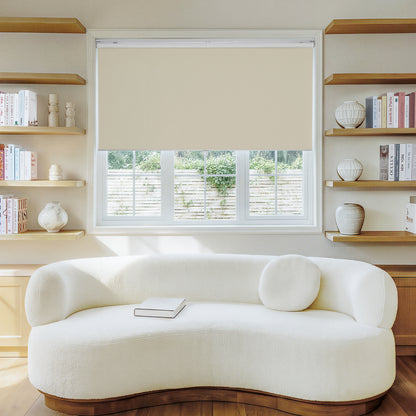 Sutton custom beige blackout roller shade, plain weave, 100% blackout.