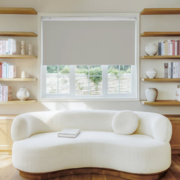 Joydeco Sutton custom light grey blackout roller shade for perfect window treatment.