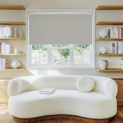 Joydeco Sutton custom light grey blackout roller shade for perfect window treatment.