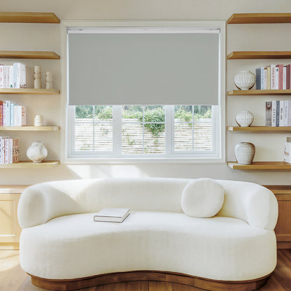 Sutton grey custom blackout roller shade, a modern window treatment.