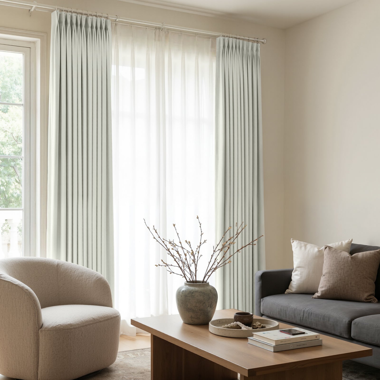 Arden Satin Blackout Curtain, light grey, 100% blackout custom window treatment with pleats.