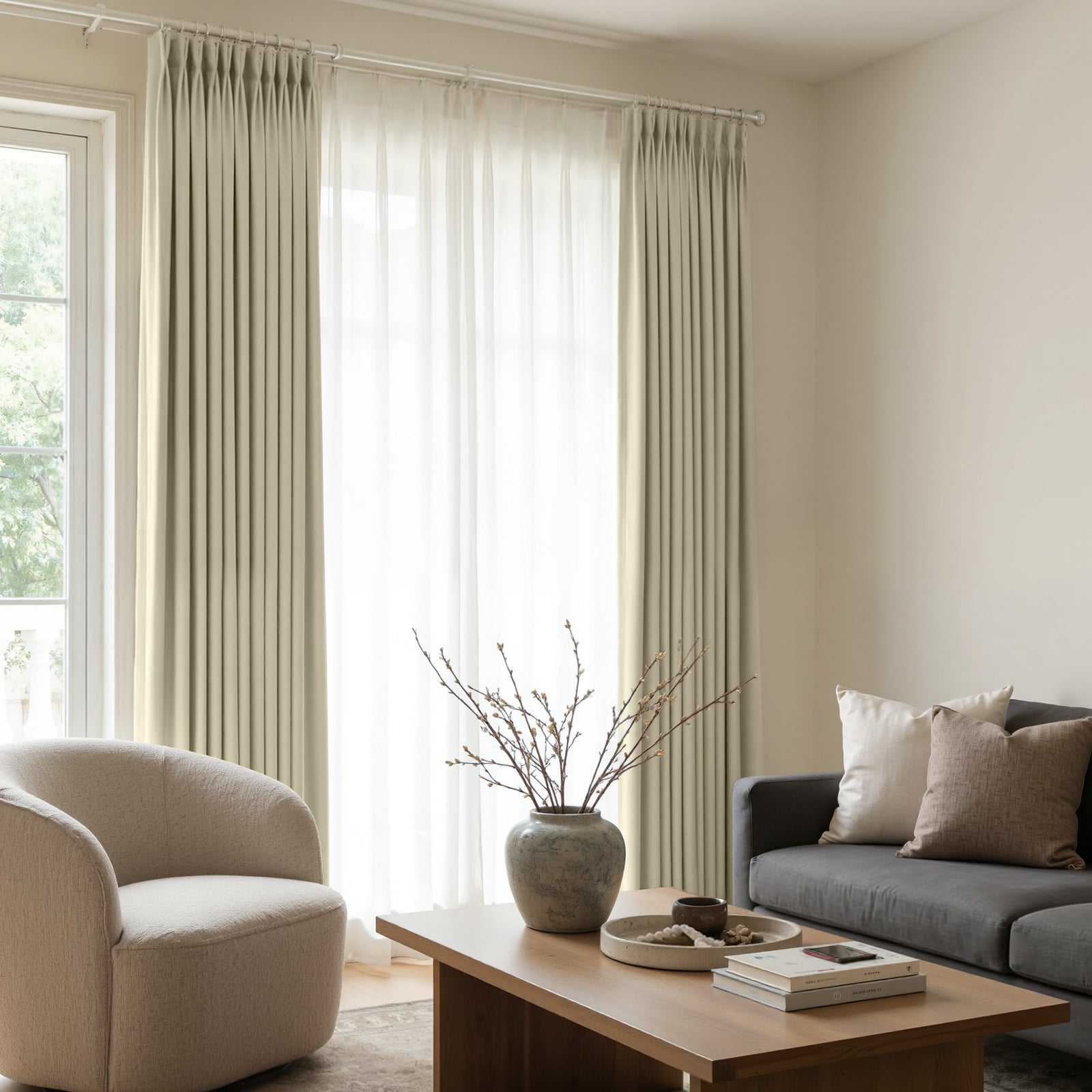 Arden Satin Blackout Curtain in neutral beige, elegant drape, 100% light blocking, living room.