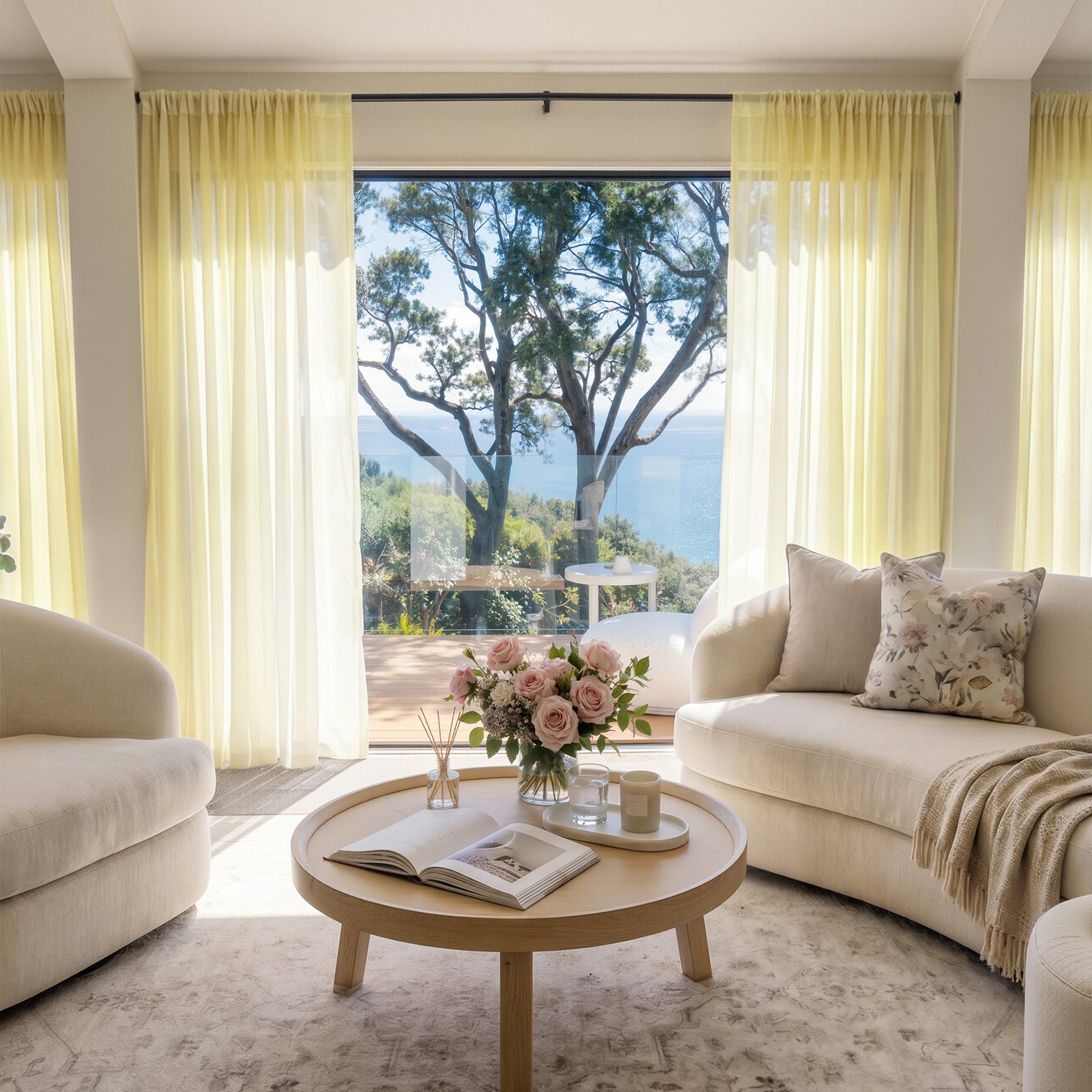 Joydeco custom sheer curtains in pale yellow, framing a serene ocean view in an airy living room.