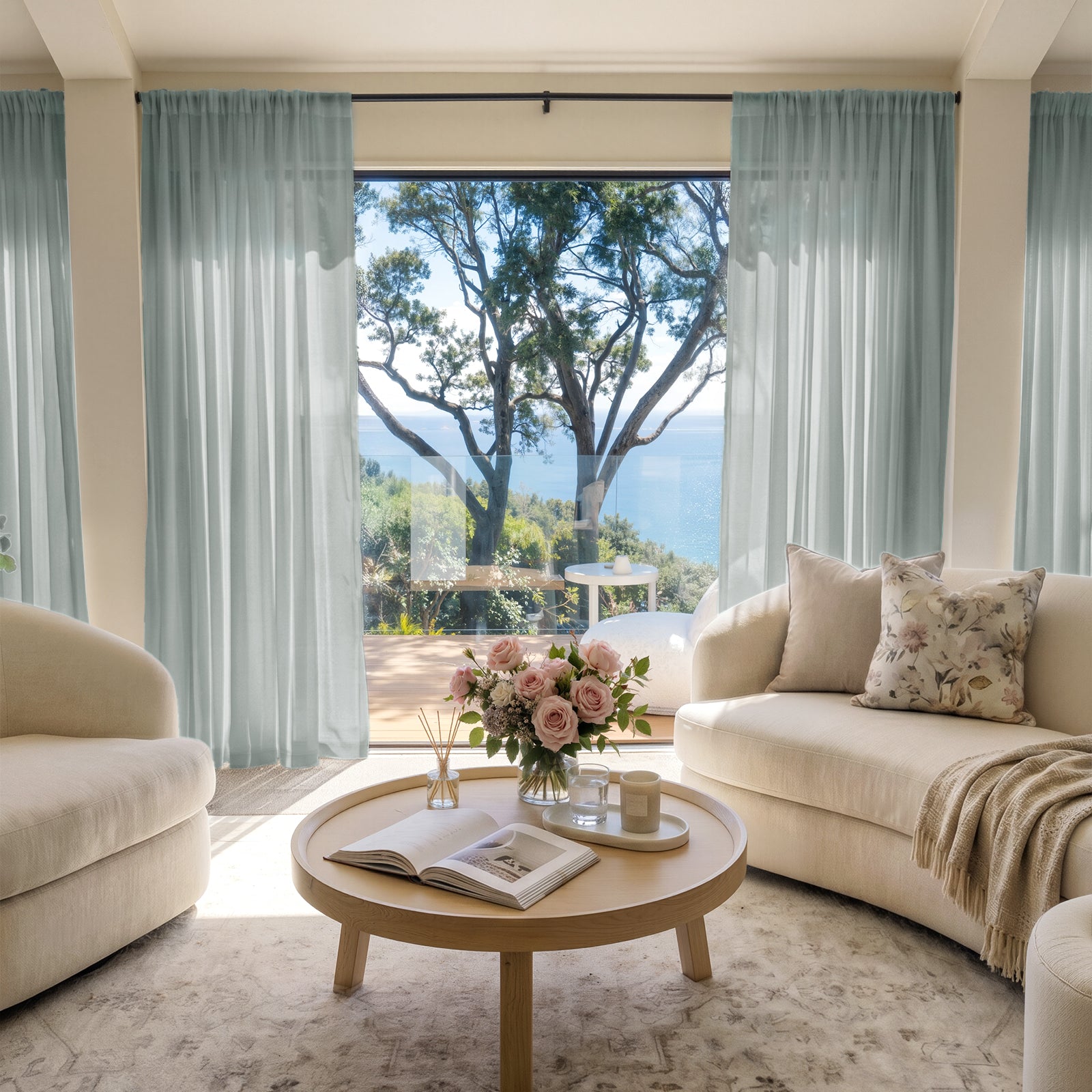 Feather custom lightweight sheer curtains: soft blue, filtering sunlight for airy rooms.