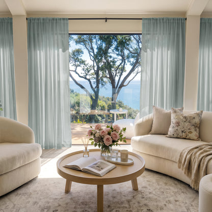 Feather custom lightweight sheer curtains: soft blue, filtering sunlight for airy rooms.