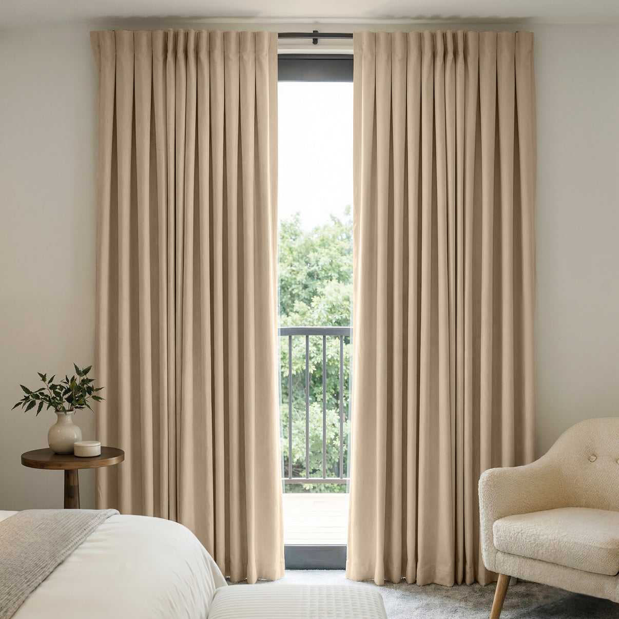 Everly heavyweight chenille custom drapes in beige, room darkening, pleated.