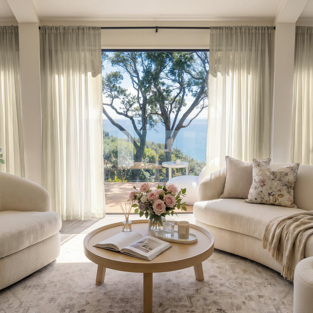 Feather lightweight custom sheer curtains softly filtering sunlight in a serene living room.