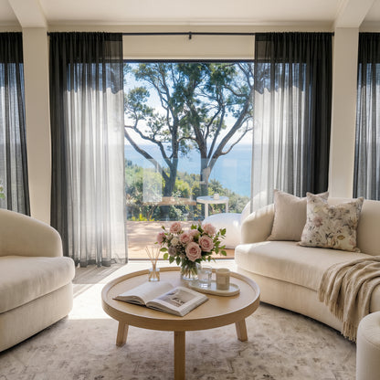 Feather Custom Lightweight Sheer Curtains in dark grey, soft light, ocean view.