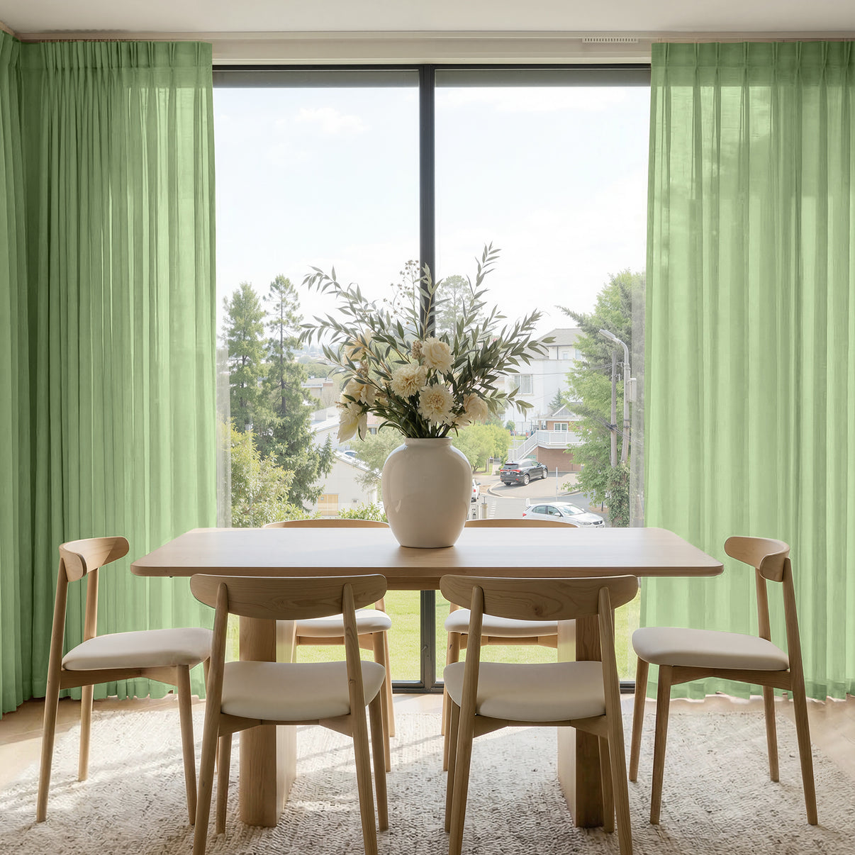 Light sage green Willow linen blend curtains, custom light filtering window treatments.