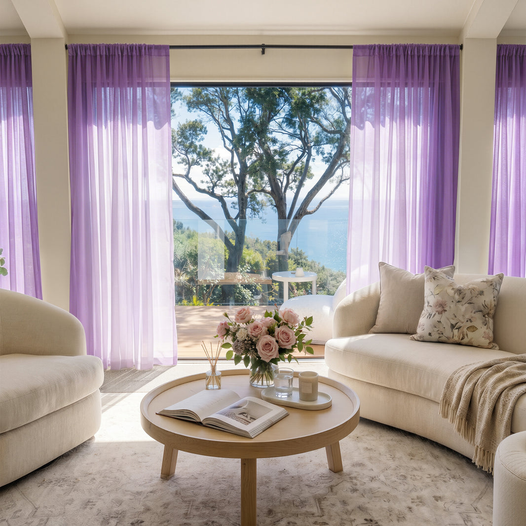 Feather custom lightweight sheer curtains in soft purple