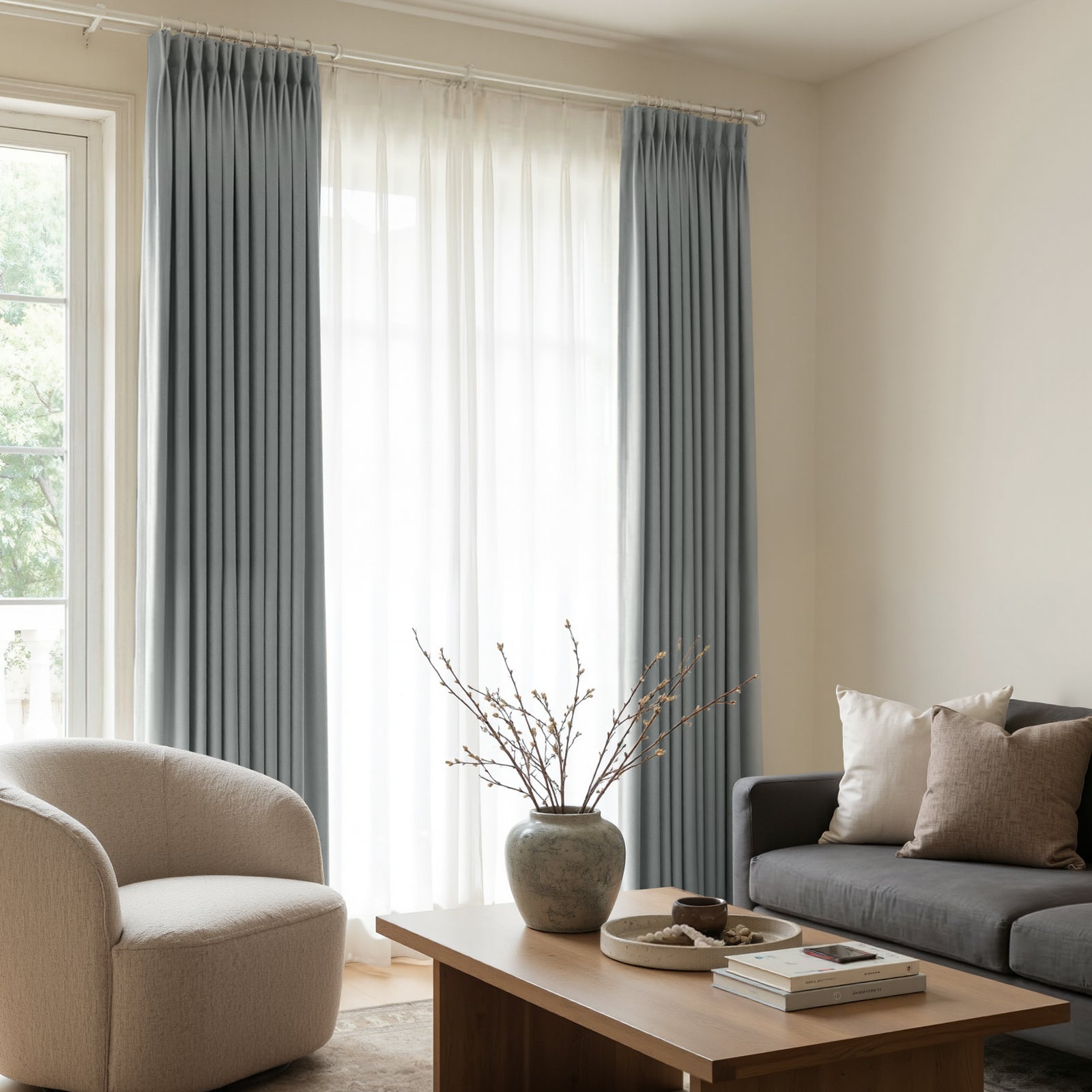 Slate grey Arden satin custom curtains with elegant pleats, 100% blackout.