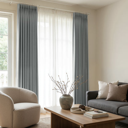 Slate grey Arden satin custom curtains with elegant pleats, 100% blackout.