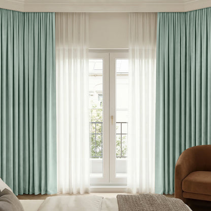Custom Bennett Chenille blackout curtains, light blue with sheer overlay