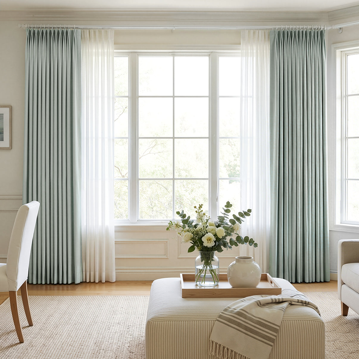 Joydeco Hayden custom light blue chenille blackout curtains with sheer layers.