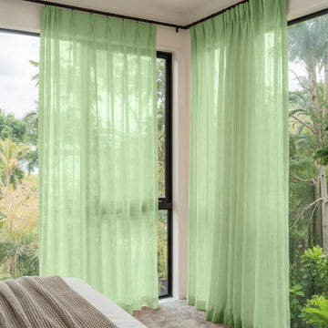 Custom Linden Linen Blend sheer curtains in soft green, pleated style.