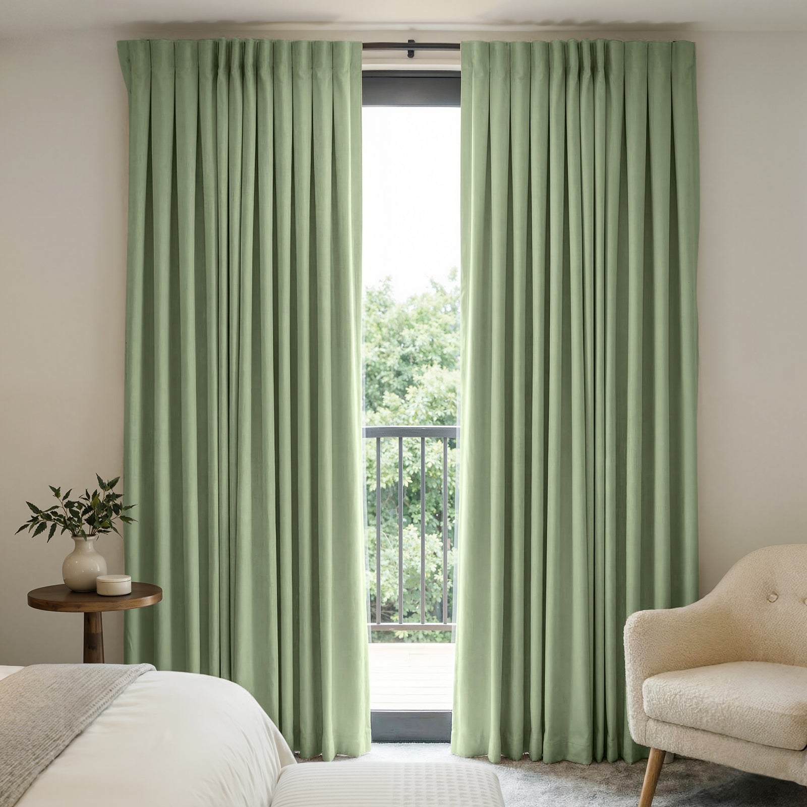 Sage green Everly heavyweight chenille custom curtains, room darkening
