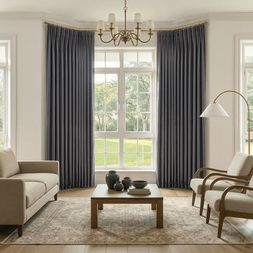 Dark grey SoftMatte brushed blackout curtains, custom curtains with pleated style.