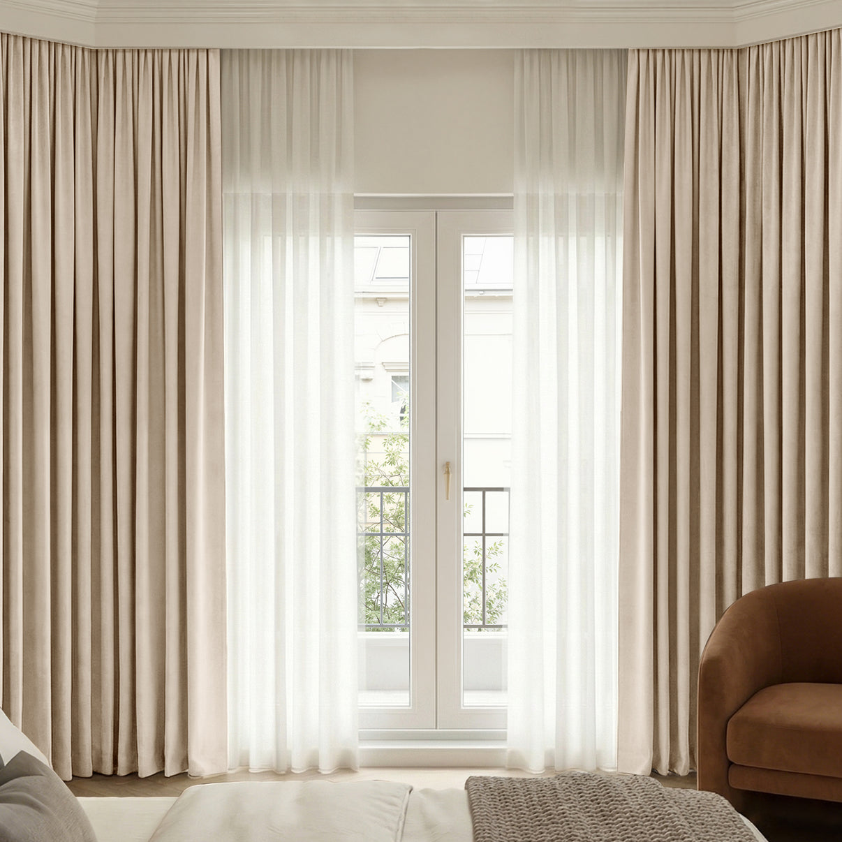 Bennett custom Chenille blackout curtains in beige with sheer white drapes
