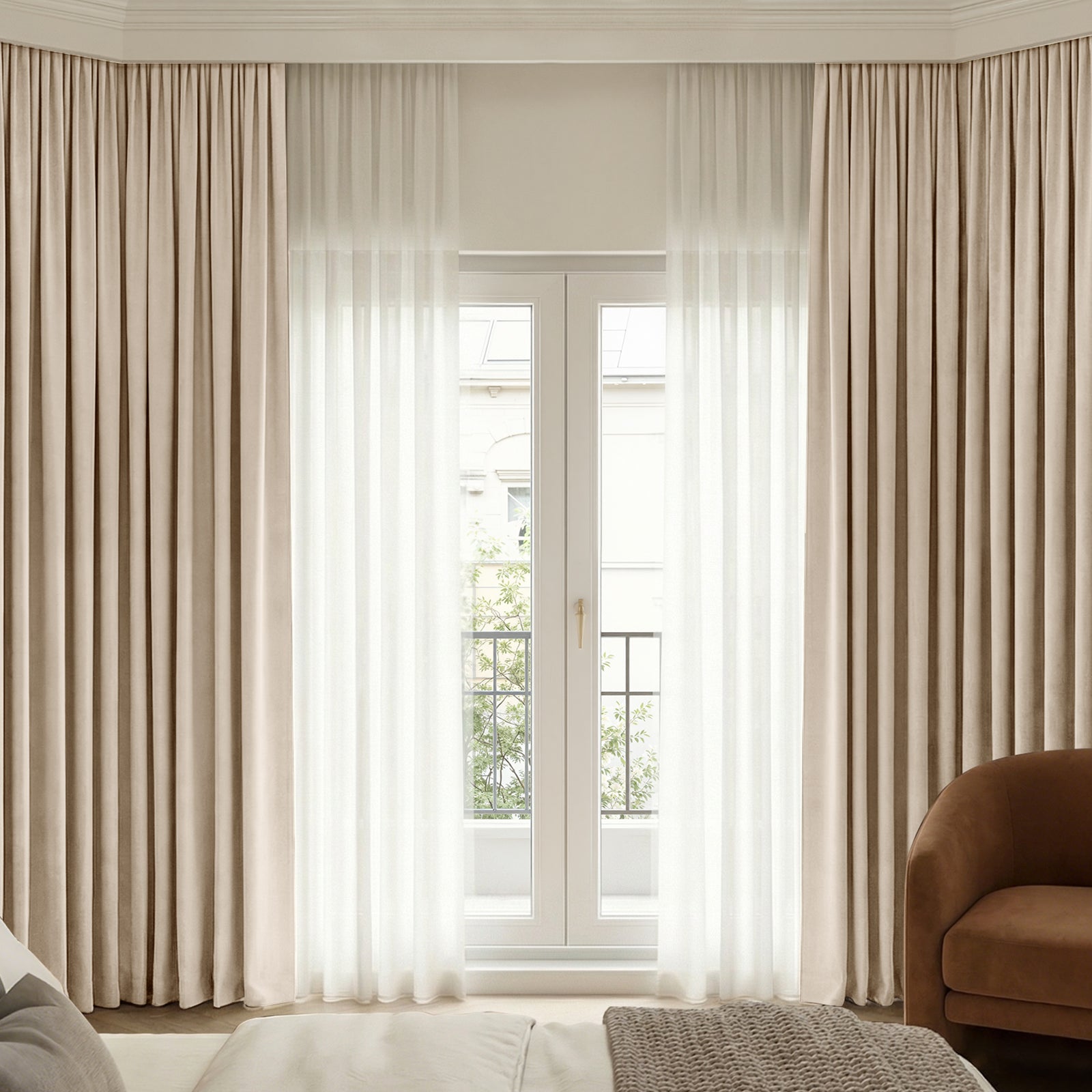 Bennett custom Chenille blackout curtains in beige with sheer white drapes