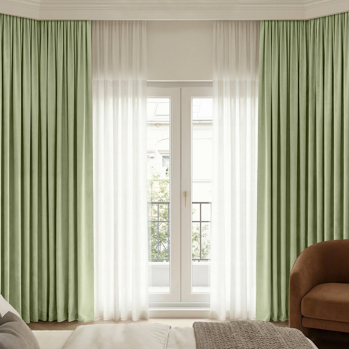 Sage green Chenille blackout curtains with plush texture & sheer pairing.