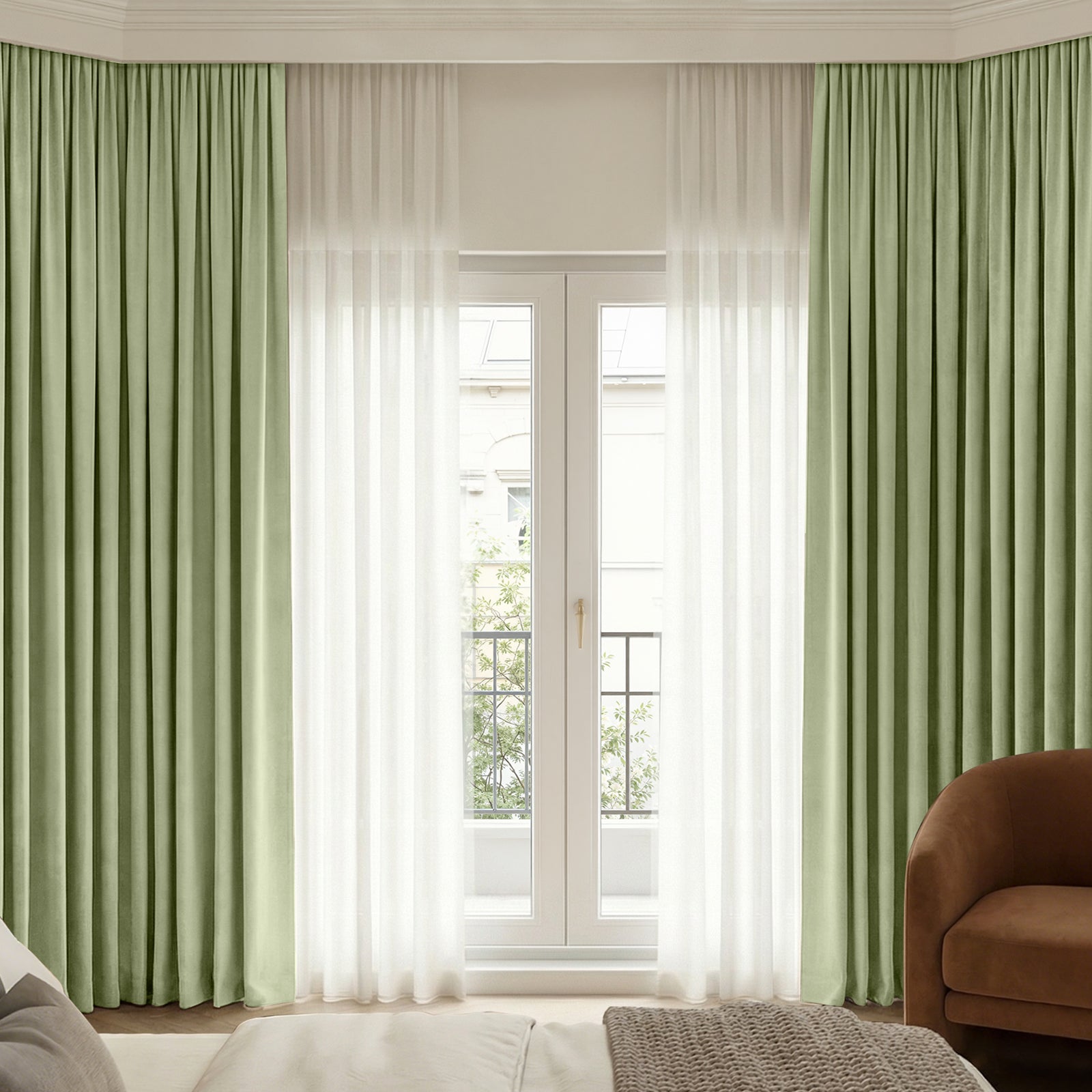 Sage green Chenille blackout curtains with plush texture & sheer pairing.