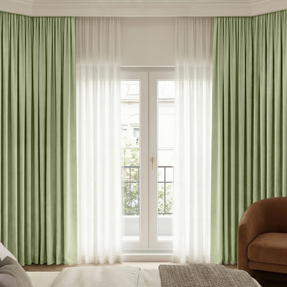 Sage green Chenille blackout curtains with plush texture & sheer pairing.