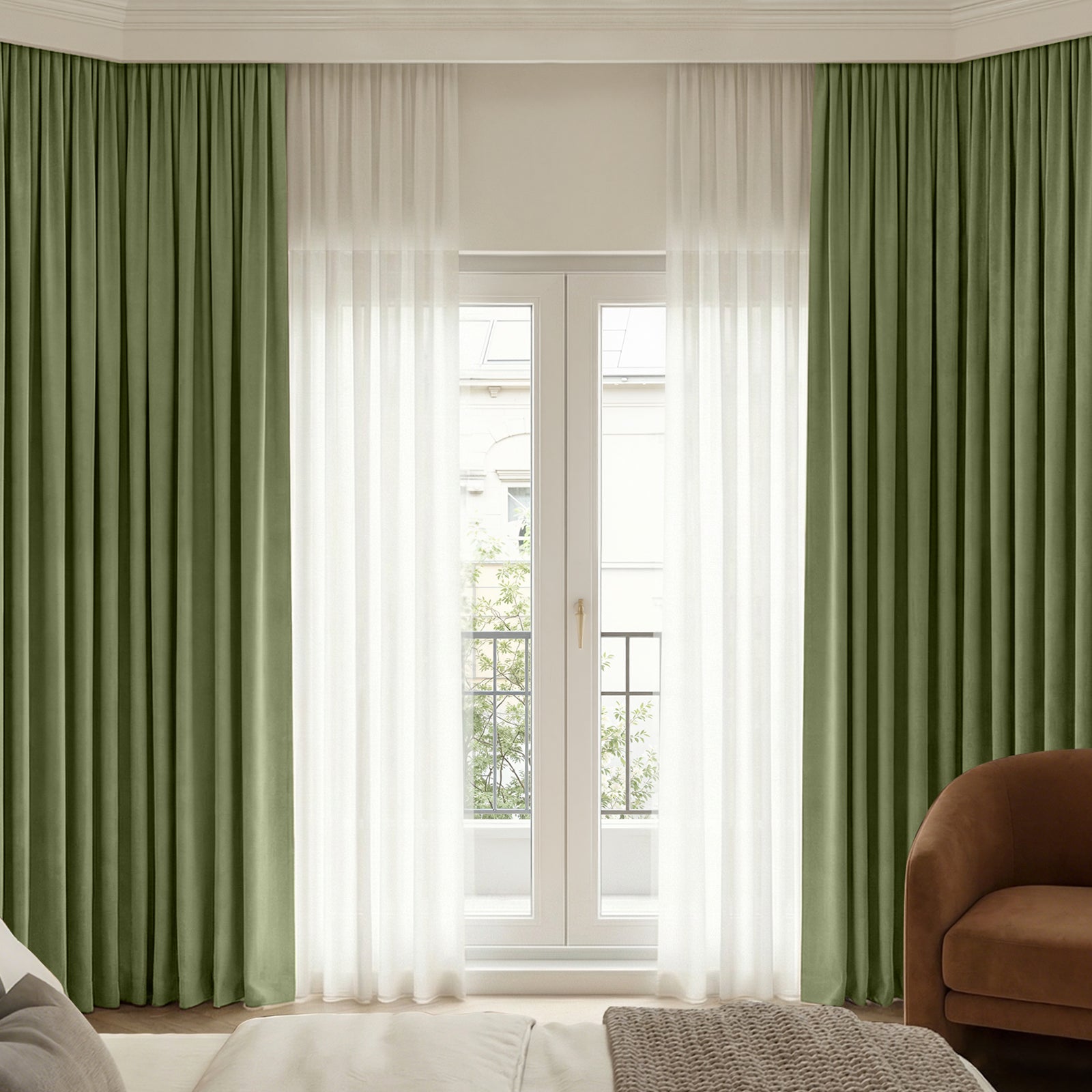 Plush olive green chenille blackout curtains with elegant sheer white panels for custom window treatments.