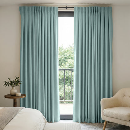 Everly heavyweight chenille custom curtains in blue, room darkening.
