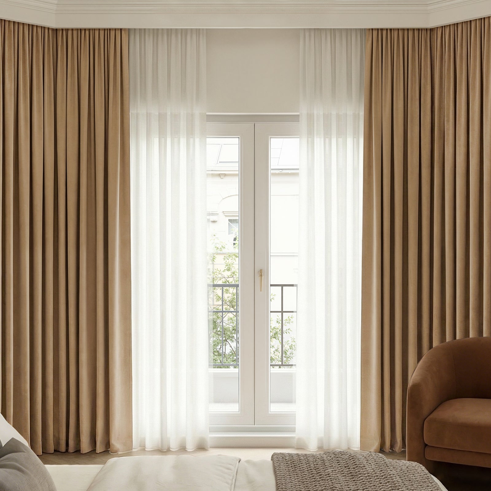 Custom taupe Chenille blackout curtains layered with sheer white sheers.