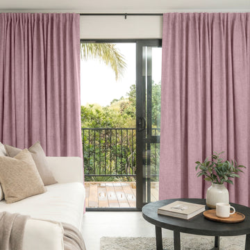 Mauve Alder Faux Linen Blackout Curtain, custom window treatments with textured weave.